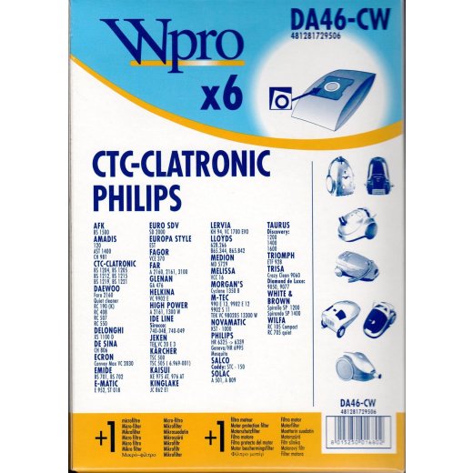 Wpro 6x Staubsaugerbeutel DA46-CW passend für CTC Clatronic, Philips