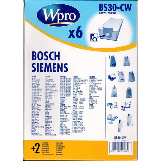 Wpro 6x Staubsaugerbeutel BS30-CW passend für Bosch, Siemens